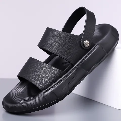 Sandalias Informales de Cuero para Hombre Suela Gruesa Antideslizante Playa Aire Libre Pantuflas Convertibles Textura Lichi Sandalias de Conducción