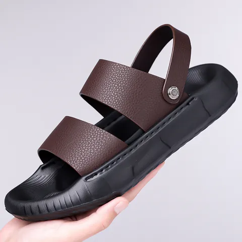 Sandalias Informales de Cuero para Hombre Suela Gruesa Antideslizante Playa Aire Libre Pantuflas Convertibles Textura Lichi Sandalias de Conducción