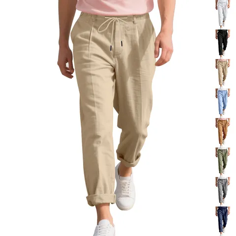 Men Casual Linen Blend Trousers Loose Fit Breathable Drawstring Elastic Waist Straight Leg Pants American Naples Style Summer Vacation Bottoms
