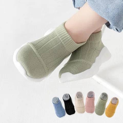 Toddler Sock Shoes Knitted Cotton Upper Non-Slip TPE Soft Sole First Walkers Slip-On Floor Shoes For Infant Baby Boys Girls