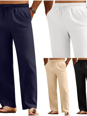 Men Casual Linen Drawstring Pants Loose Straight Leg Summer Solid Color Trousers With Pockets Lightweight Breathable Bottoms