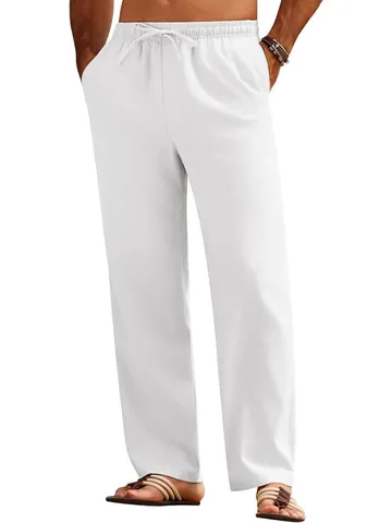 Men Casual Linen Drawstring Pants Loose Straight Leg Summer Solid Color Trousers With Pockets Lightweight Breathable Bottoms