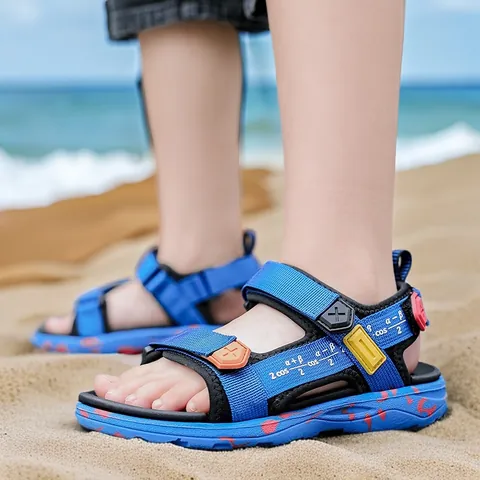 Boys Summer Sandals Math Formula Pattern Soft Sole Lightweight Beach Shoes Hook and Loop Closure Outdoor Kids Sport Footwear