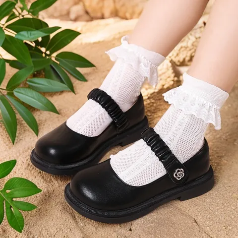 Chaussures Mary Jane pour Filles en Cuir Véritable Bride à Volants Boucle Florale Antidérapantes Chaussures de Princesse École