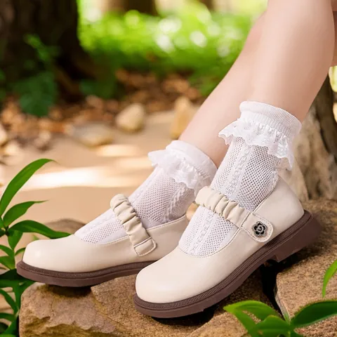 Chaussures Mary Jane pour Filles en Cuir Véritable Bride à Volants Boucle Florale Antidérapantes Chaussures de Princesse École