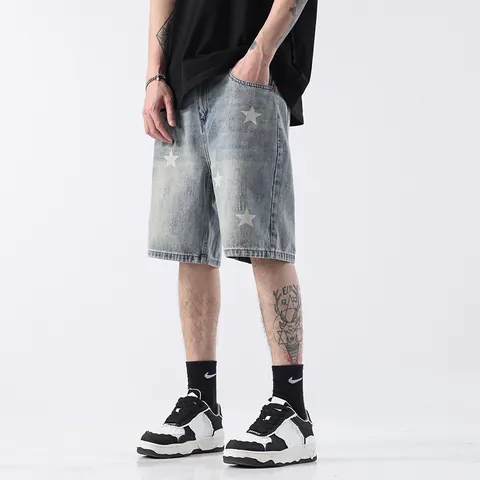 Men's American Straight Leg Star Print Denim Shorts Summer Casual Light Blue Washed Mid Length Five Point Pants