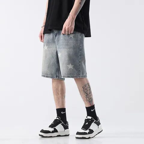 Men's American Straight Leg Star Print Denim Shorts Summer Casual Light Blue Washed Mid Length Five Point Pants