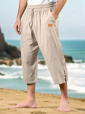 Heren Zomer Casual Katoen Linnen Cropped Broek Trekkoord Taille Effen Kleur Ademend Strandbroek Vakantie Stijl Top
