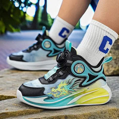 Kids Basketball Shoes Boys Sneakers Breathable Mesh Synthetic Leather Upper Dial Lace System Dragon Pattern Student Sport Court Shoes