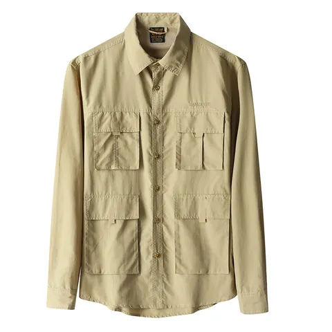 Men Long Sleeve Casual Nylon Shirt Workwear Military Style Solid Color Multi-pocket Loose Jacket Top For Spring Autumn