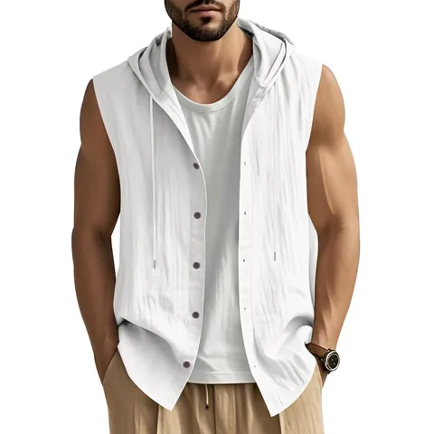 Men's Sleeveless Hooded Linen Shirt Casual Solid Color Breathable Button Down Top Summer Fashion Vest