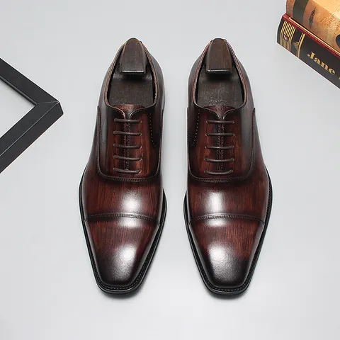 Classic Men's Cap-Toe Oxford Business Leather Shoes European Square Toe Formal Shoes for Wedding Office Commuting Brown Black