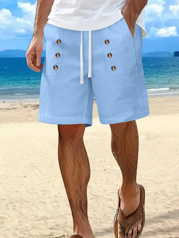 Men Summer Cotton Linen Shorts American Casual Beach Loose Straight Button Fly Drawstring Five-Point Pants For Men