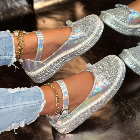 Women Fashion Holographic Sequin Mary Jane Shoes Bowknot Rhinestone Platform Flats Glitter Synthetic Leather Casual Shoes