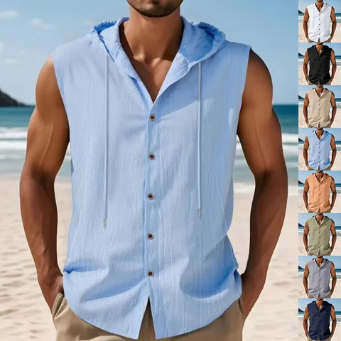 Men's Summer Linen Hooded Sleeveless Shirt American Casual Loose Breathable Polyester Blend Button Down Top For Beach Vacation