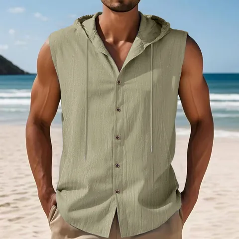 Men's Summer Linen Hooded Sleeveless Shirt American Casual Loose Breathable Polyester Blend Button Down Top For Beach Vacation