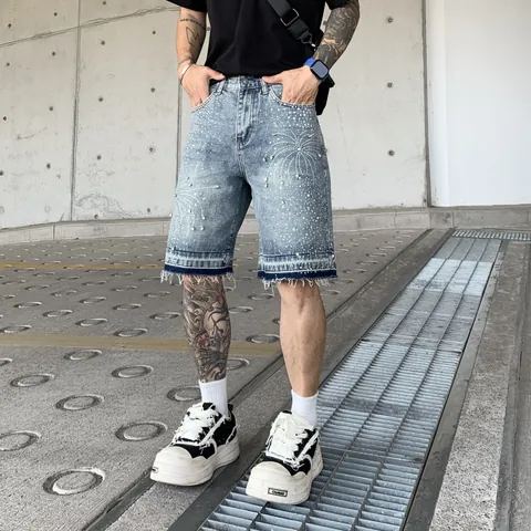 Pantaloncini di Jeans Uomo Streetwear con Strass Vestibilità Dritta Morbida Misto Pelo di Coniglio Modal Lavaggio Distressed Jeans