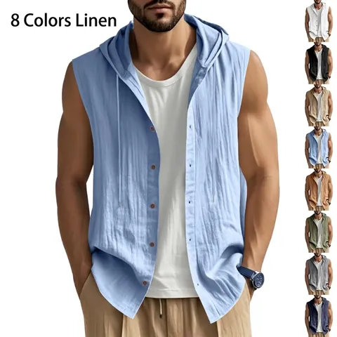 Men's Sleeveless Hooded Linen Shirt Casual Solid Color Breathable Button Down Top Summer Fashion Vest