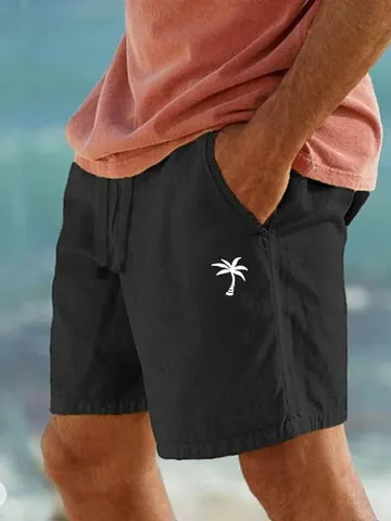 Pantaloncini da Spiaggia Casual da Uomo in Cotone e Lino Stampa Albero di Cocco Vita Elastica con Coulisse Traspirante Estivo
