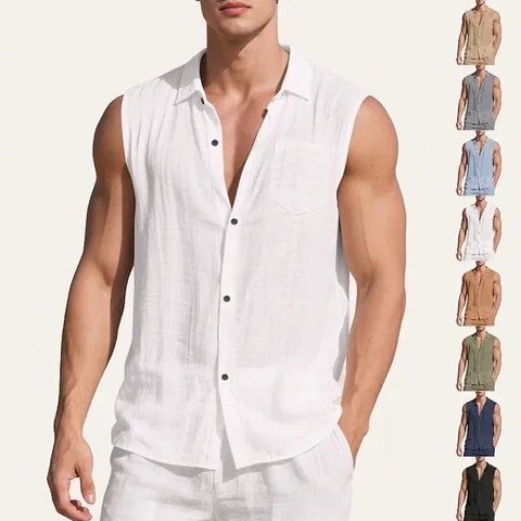 Men's Linen Sleeveless Shirt Vest Summer Casual Loose Button Down Top Breathable Solid Color Fashion Tank Top