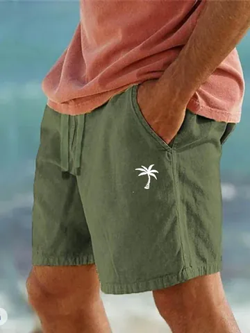 Pantaloncini da Spiaggia Casual da Uomo in Cotone e Lino Stampa Albero di Cocco Vita Elastica con Coulisse Traspirante Estivo