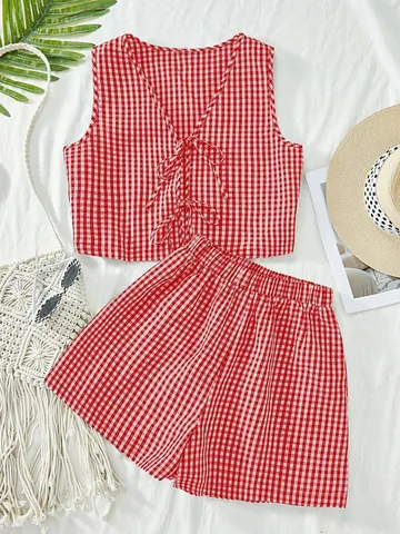 Dames Gingham Geblokt 2-Delige Set Mouwloos Knoopsluiting Crop Top En Elastische Taille Shorts Vakantie Zomer Strand Casual Outfit