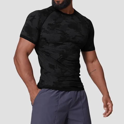 Heren Naadloos Jacquard Camo Sportschool T-Shirt Sneldrogend Slim Fit Compressie Workout Top Hardlopen Sporthemd