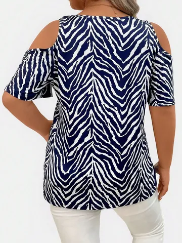 Women Plus Size Zebra Print Cold Shoulder T-Shirt Summer V-Neck Short Sleeve Casual Vacation Polyester Top