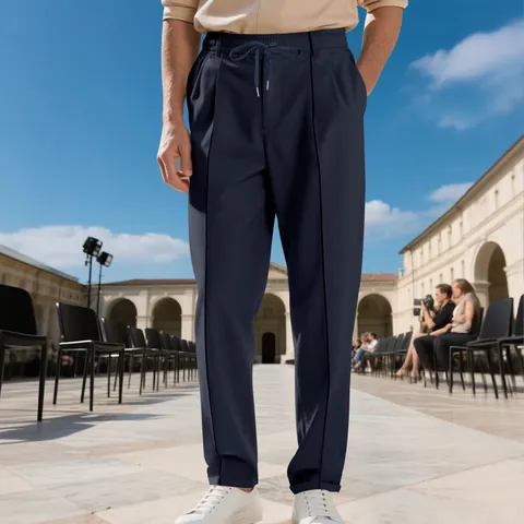 Men Business Casual Slim Fit Tapered Pants Polyester Drawstring Waist Solid Color Trousers With Pintuck Detail For Work Daily