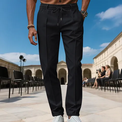 Men's Business Casual Chinos Slim Fit Solid Color Polyester Pants With Drawstring Elastic Waist Straight Leg Trousers