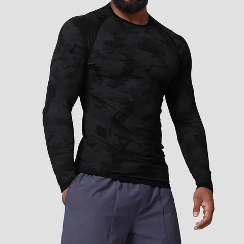 Men Seamless Jacquard Camouflage Long Sleeve T-Shirt Slim Fit Quick Dry Breathable Athletic Sports Training Top