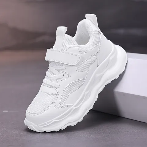 Kids Breathable Mesh White Sports Shoes For Boys Girls School Daily Wear Anti-Slip Thick Sole Velcro Sneakers