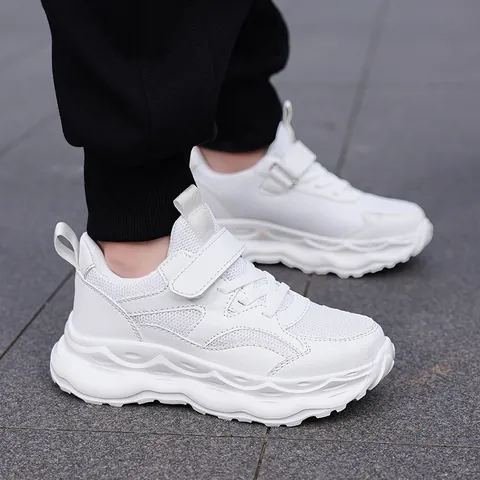 Kids Breathable Mesh White Sports Shoes For Boys Girls School Daily Wear Anti-Slip Thick Sole Velcro Sneakers