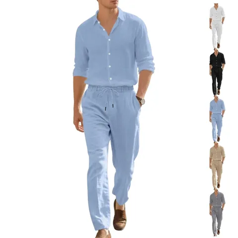 Men Casual Linen Polyester Top And Bottom American Simple Loose Beach Resort Suit Button Long Sleeve Lapel Shirt Drawstring Trousers Breathable Everyday Vacation Wear