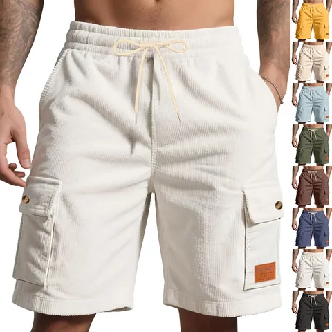 Men Heavyweight Corduroy Cargo Shorts Loose Fit Elastic Drawstring Waist Multi-Pocket American Outdoor Casual Sport Shorts