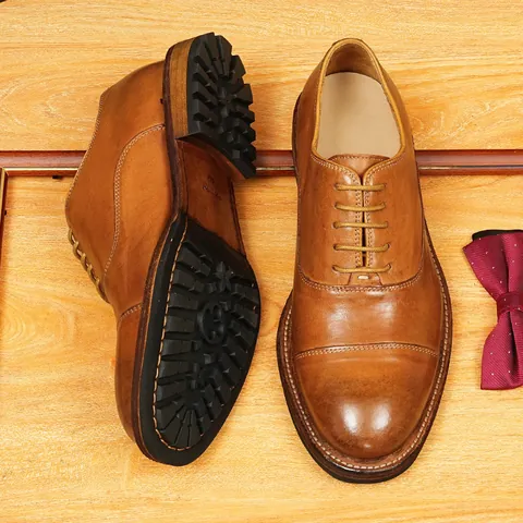 Handmade Goodyear Welted Horsehide Oxford Shoes For Men Vintage Cap Toe Round Toe Business Casual Leather Dress Shoes Rubber Sole