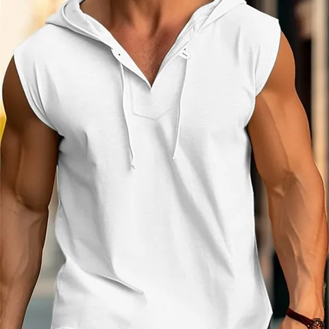 Men's Sleeveless Hoodie Tank Top Polyester Breathable Thin Summer Gym Sports Vest Loose Fit Hooded Pullover With Drawstring