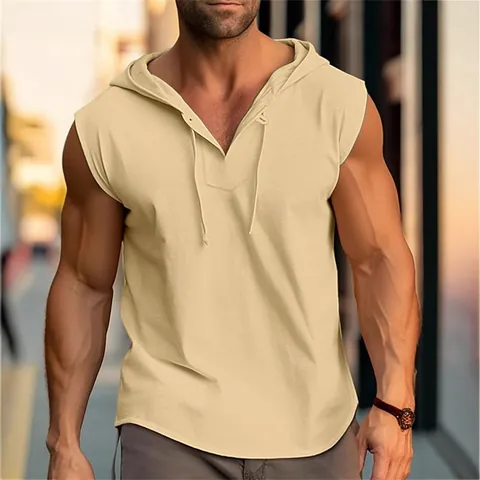 Men's Sports Fitness Hooded Tank Top Sleeveless Gym Vest With Drawstring Cotton Blend Solid Color Casual Workout Top