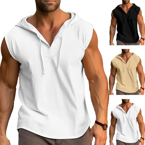 Men's Sleeveless Hoodie Tank Top Polyester Breathable Thin Summer Gym Sports Vest Loose Fit Hooded Pullover With Drawstring