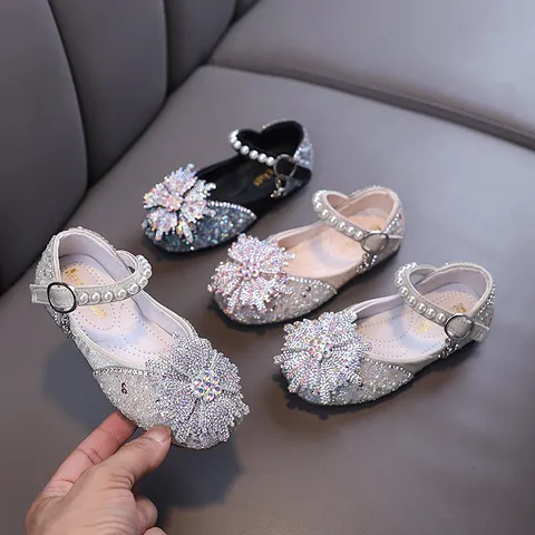 Girls Princess Shoes PU Rhinestone Snowflake Decor Artificial Pearl Mary Jane Flats For Party Performance Wedding Ceremony
