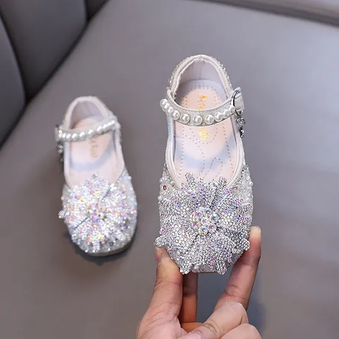 Girls Princess Shoes PU Rhinestone Snowflake Decor Artificial Pearl Mary Jane Flats For Party Performance Wedding Ceremony