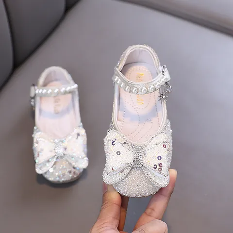 Girls Princess Shoes Sequin Rhinestone Bow Artificial Pearl Mary Jane Flats For Wedding Party Dance Performance Shoes