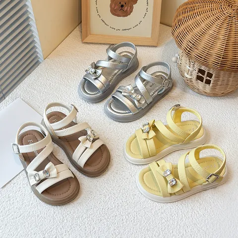 Girl's Princess Sandals Summer Bow Rhinestone Gladiator Roman Beach Shoes Comfortable Soft Sole Casual Shoes For Kids
