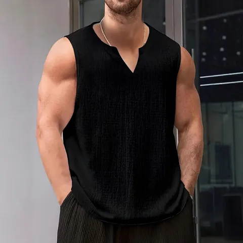 Men Summer Sporty Tank Top V Neck Breathable Mesh Textured Sleeveless Gym Vest Polyester Solid Color Slim Fit Top