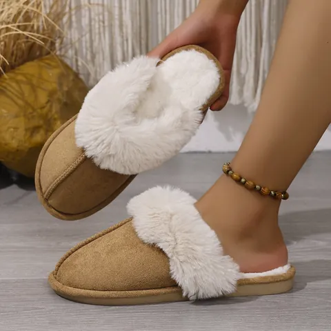 Women Winter Warm Furry Slippers Faux Suede Plush Lined House Shoes Indoor Anti-slip Flat Home Slippers for Bedroom Ladies