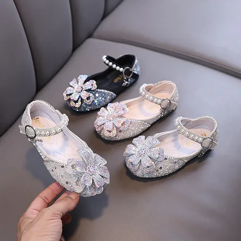Girls Princess Mary Jane Shoes Rhinestone Artificial Pearl Decor Sparkling PU Leather Flats For Wedding Dance Party Performance Kids Dress Shoes