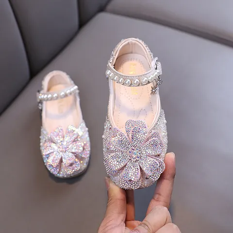 Girls Princess Mary Jane Shoes Rhinestone Artificial Pearl Decor Sparkling PU Leather Flats For Wedding Dance Party Performance Kids Dress Shoes