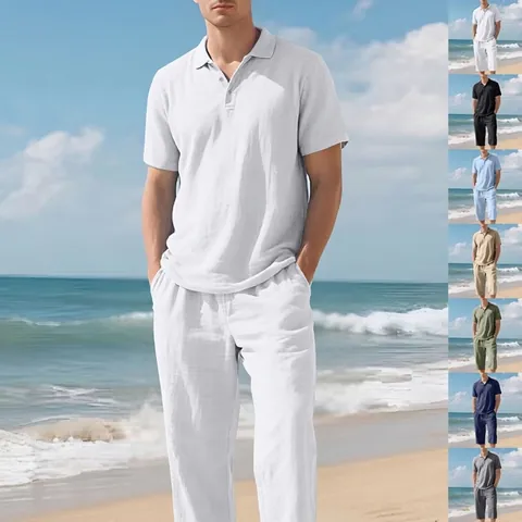 Men Summer Linen Suit Casual Short Sleeve Polo Shirt And 3/4 Pants Top And Bottom Breathable Beach Vacation Outfit
