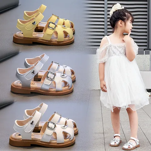 Girls Princess Sandals PU Leather Closed Toe Summer Beach Shoes Heart Decoration Soft Sole Anti-Slip Toddler Shoes