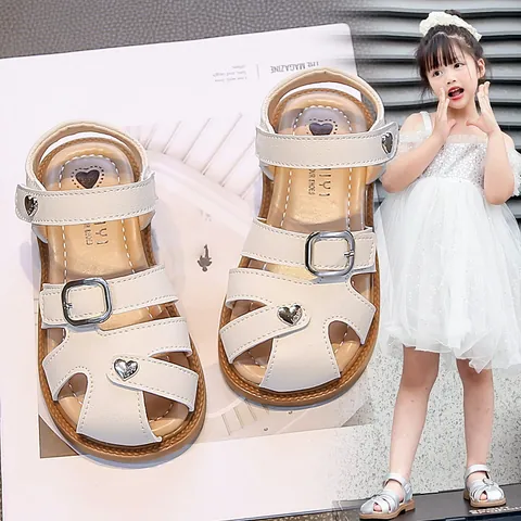 Girls Princess Sandals PU Leather Closed Toe Summer Beach Shoes Heart Decoration Soft Sole Anti-Slip Toddler Shoes